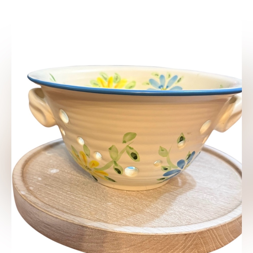 Debco Pottery Berry Bowl Colander Hand-painted Blue & Yellow Floral Design